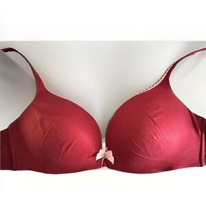 Victoria's Secret Body Push-up Bra 32DD Lace Trim Smooth T-Shirt Red Wireless VS